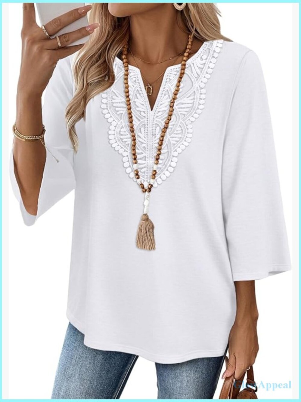 3/4 Length Sleeve V-Neck Lace Blouse Boho Tunic Top S-3XL